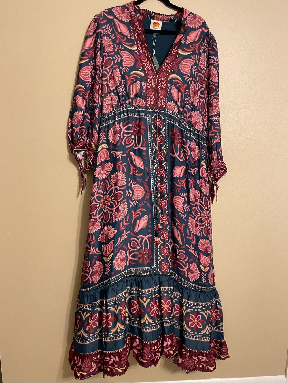 FARM Rio seasheel tapestry maxi dress teal fall winter floral viscose size XL
